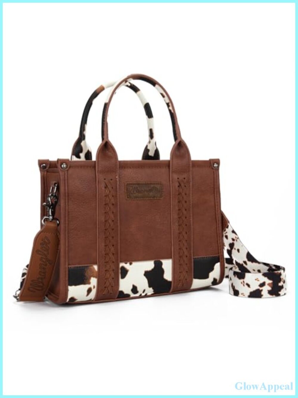 Vegan Leather Tote Bag with Cow Print Whipstitch Top Handle Purse